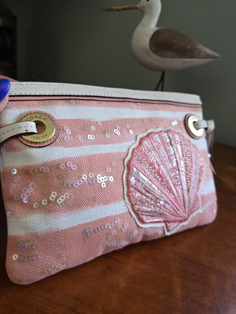 Coach Audrey Pink Sequin Shell Canvas Studded Wristlet Bag - Picture 15 of 16